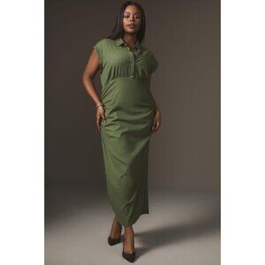 NWT Anthropologie Cap-Sleeve V-Neck Dress 3X Midi $168 Linen Blend Green